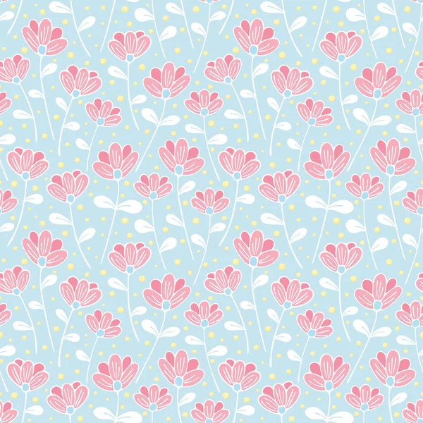 Bloom pink flowers and yellow berries seamless pattern on blue background