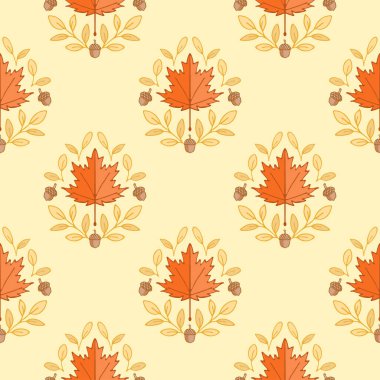 Sonbahar akçaağaç yaprakları ve meşe palamudu motifsiz damaske desenli arka plan