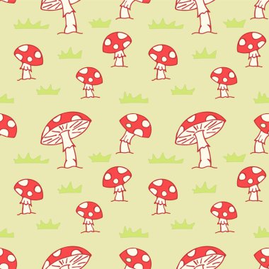 Kırmızı mantarlı mantar otlakta uçar. Kusursuz mantar deseni.