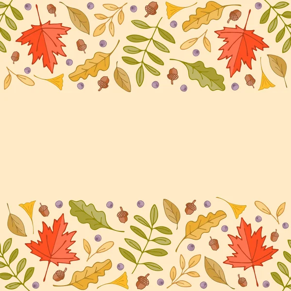 Colorful Autumn Leaves Berries Border Background — Stock Vector