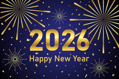 Yeni yılınız kutlu olsun. Mavi arka plan kutlama temalı poster illüstrasyonunda altın sarısı alevler var.