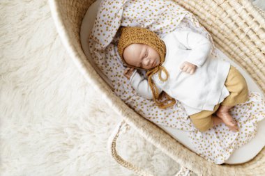 Hardal renginde bir şapka ve krem rengi Musa sepetinde yatan beyaz hırka giymiş yeni doğmuş bir oyuncak bebek.