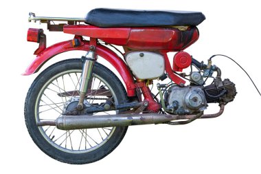 Beyaz arka planda izole edilmiş eski kırmızı motosiklet kırpma yoluna sahip