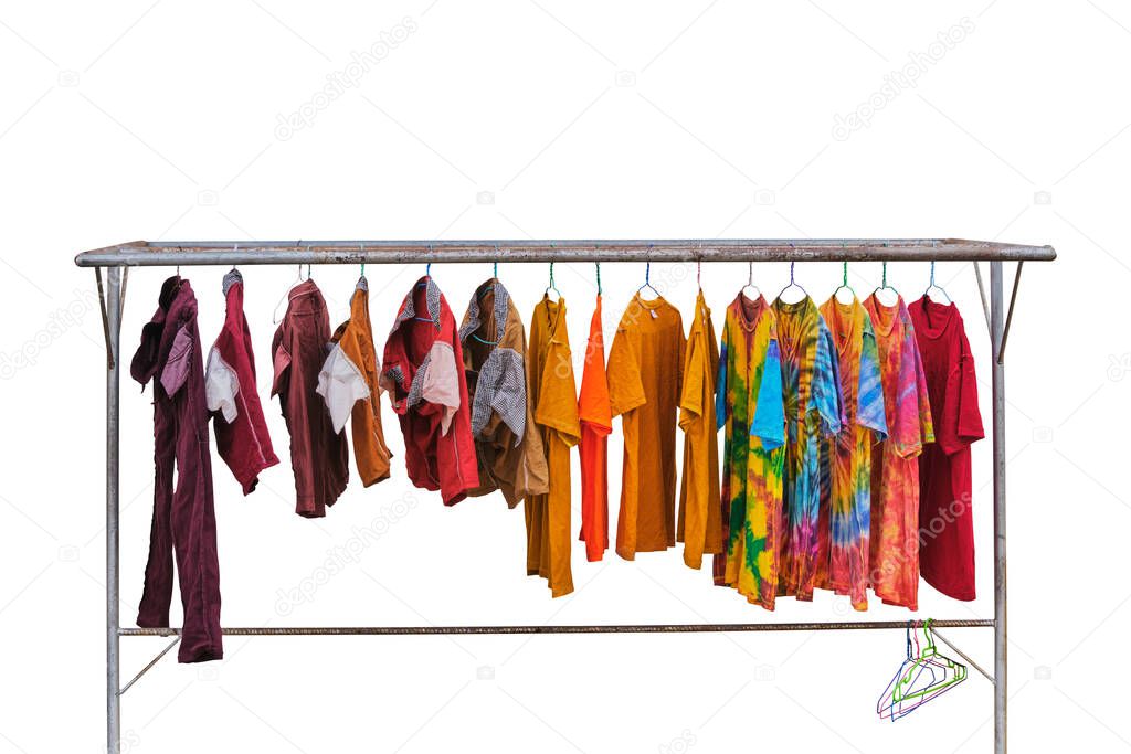 Clothing hang on washing line isolated on white background. Clipping path