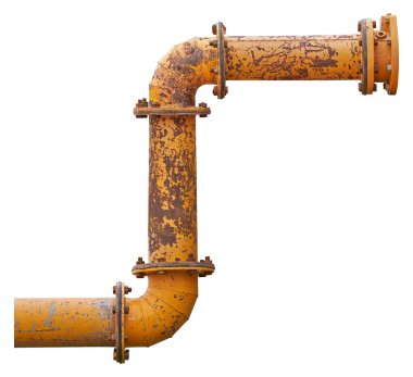 Beyaz arka planda izole edilmiş turuncu çelik su pompalama borusu. Kesme yolu