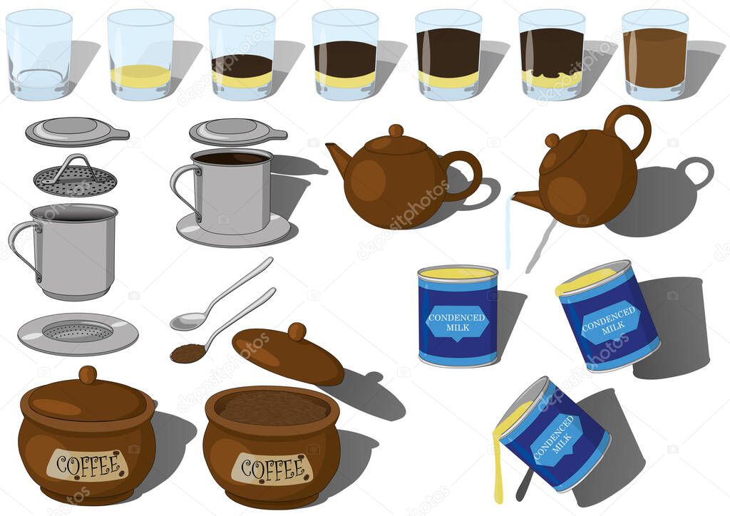 Vietnamese phin coffee step-by-step making vector set illustration