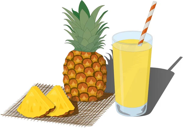 Vaso Jugo Piña Fresca Ilustración Vectorial Piñas Enteras Cortadas — Vector de stock