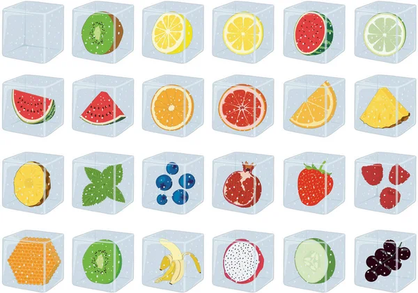 Eiswürfel Für Getränke Mit Früchten Und Beeren Vektorillustration — Stockvektor