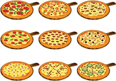 Farklı malzemeli tam pizza tipleri, vektör illüstrasyonu koleksiyonu