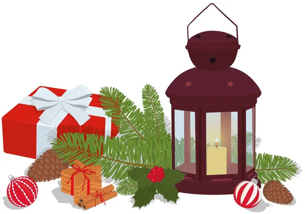 Kerst Nieuwjaar Decoraties Selectie Met Vintage Lantaarn Vector Illustratie — Stockvector