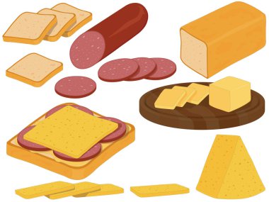 İzole edilmiş sandviç malzemeleri ve hazırlanmış sandviç çizimleri.