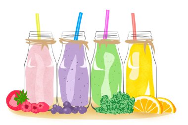 Meyve suyu veya smoothie ile şişeler, yaz içeceği, sağlıklı beslenme, ferahlatıcı, vegan yemek, beyaz arka planda izole illüstrasyon