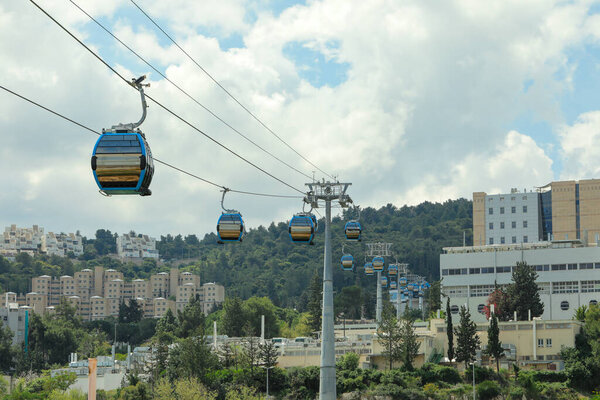 HAIFA, ISRAEL. April 26, 2021: The new cable car in Haifa that connects the University of Haifa and the Technion Institute to the Central Transportation Station.