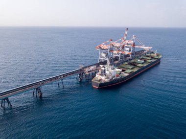 Toplu konteynır gemisi elektrik santralinin limanına kömür boşaltıyor..