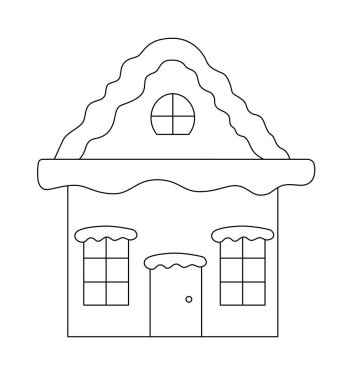 Banliyödeki kışlık ev. Noel 'i ve evde yeni yılı kutlayın. Doodle tarzında vektör illüstrasyonu. Beyaz arkaplanda siyah öge