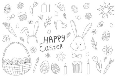 Easter set of cute doodle ornaments - egg, rabbit, cake, basket. Vector illustration, isolated elements on a white background