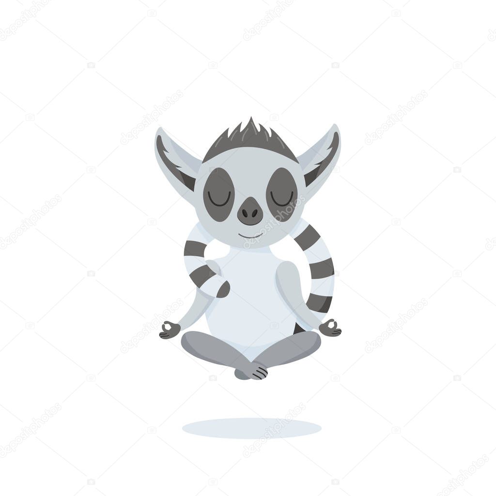 Calm grey lemur meditates in the lotus position and levitates. Baby animal in cartoon style. Levitation during yoga. Vector illustration, isolated color elements on a white background.