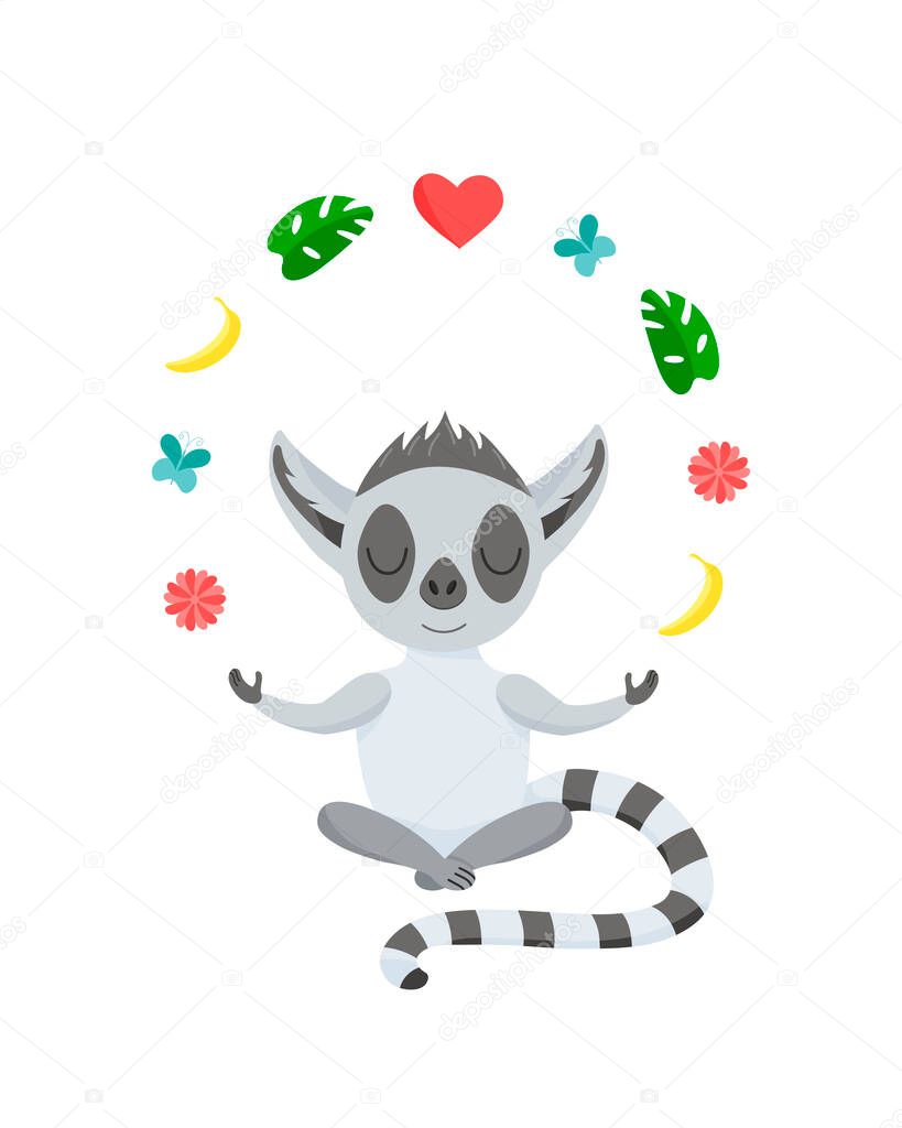 Funny grey lemur meditates in the lotus position and juggles. Baby animal in cartoon style. Levitation during yoga. Vector illustration, isolated color elements on a white background. Art for children