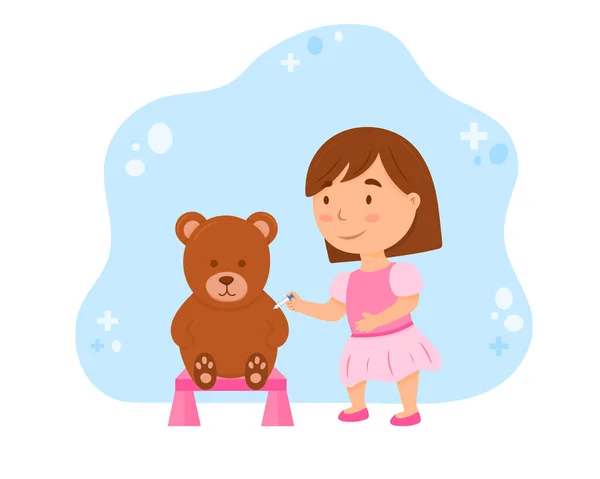 Ein Kleines Mädchen Rosa Kleid Spielt Mit Einem Teddybär Niedliches — Stockvektor