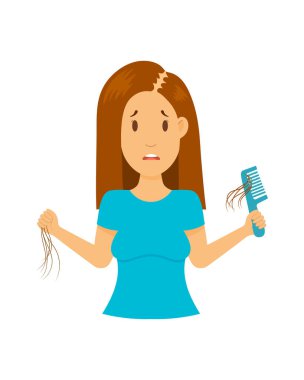Genç bir kızda saç kaybı. Bir hastalığın ya da viral enfeksiyonun sonuçları. Duygular: üzüntü, korku, hayal kırıklığı. Beyaz arkaplanda vektör illüstrasyonu, izole edilmiş renk ögeleri