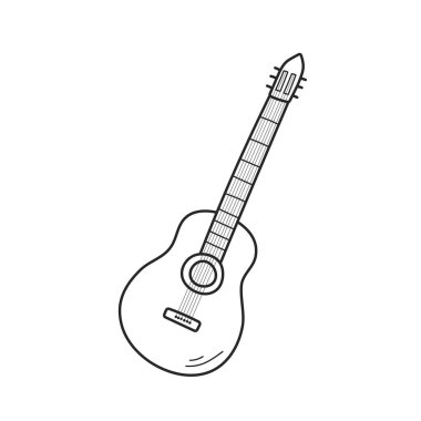Karalama tarzında akustik gitar. Çalmak ve konserler için halk müziği enstrümanı. Simgenin ana hatları elle çizilmiş. Vektör illüstrasyonu, beyaz arkaplandaki izole ögeler.