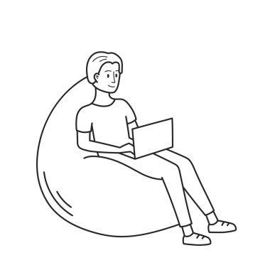 İş ve evde rahatlık için rahat ve rahat bir sandalye. Simgenin ana hatları elle çizilmiş. Vektör illüstrasyonu, beyaz arkaplandaki izole ögeler.