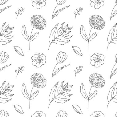 Elle çizilmiş kusursuz desenli çiçekler ve dallar zarif bir şekilde. Vektör çizimi, beyaz arka planda izole edilmiş siyah elementler. Yazdırma ve tasarım için