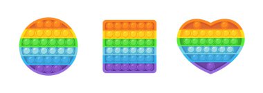 Fidget çocuklar için oyuncak silikon algılayıcı. Moda anti-stres baloncukları renkli gökkuşağını sıkıştırıyor. Çocuklar mutlu ve eğlenceli. Vektör illüstrasyonu, beyaz arkaplandaki izole öge.