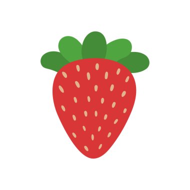 Düz stil çilek. Yaz meyveli el çizimi, çilekli mod. Vektör illüstrasyonu, beyaz arkaplanda kırmızı yalıtılmış element. Sağlıklı beslenme için doğal vitaminler