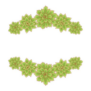 Sulu ekheveria vektör çerçevesi. El çizimi çöl çiçeği çizimi düz bir şekilde. Siluet sulandırıcılarını beyaz arkaplana yerleştir. Yazdırma ve dizayn için bitkilerin sınırı.