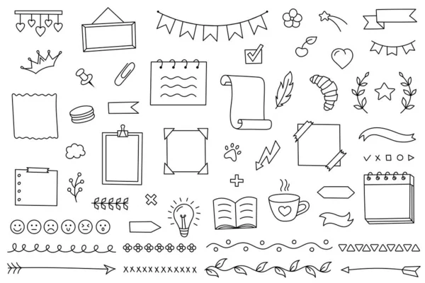 Doodle günlük, defter ve planlamacı için el çizimi öğeleri hazırladı. Çalışma ve çalışma için vektör takvimi. Satırlardan dekorasyon çerçeveleri ve çıkartma koleksiyonu — Stok Vektör