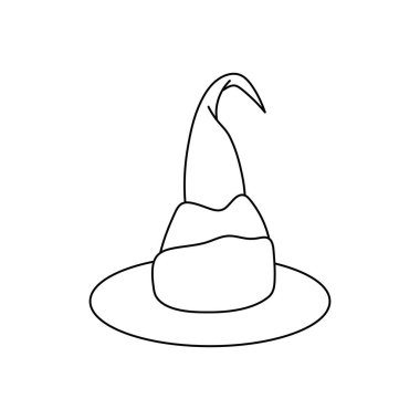 Karalama tarzında cadı şapkası vektör çizimi. Cadılar Bayramı için el çizimi büyücü şapkası. Beyaz arka planda siyah simge izole edildi. Korkunç siluet sihirbaz şapkası. Cadılar Bayramı partisinde suç ortağı