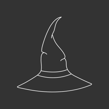 Karalama tarzında cadı şapkası vektör çizimi. Cadılar Bayramı için el çizimi büyücü şapkası. Siyah arka planda beyaz simge izole edildi. Korkunç siluet sihirbaz şapkası. Cadılar Bayramı partisinde suç ortağı