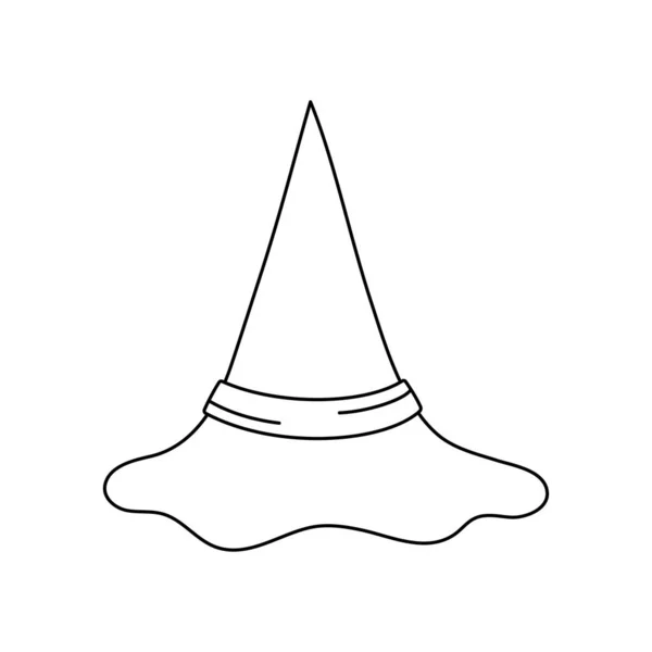 Ilustración del vector del sombrero de bruja en estilo doodle. Gorra de mago dibujada a mano para Halloween festivo. Icono negro aislado sobre un fondo blanco. Sombrero de mago silueta de miedo. Accesorio para fiesta en Halloween — Vector de stock