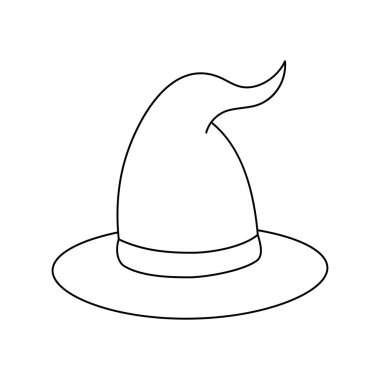 Karalama tarzında cadı şapkası vektör çizimi. Cadılar Bayramı için el çizimi büyücü şapkası. Beyaz arka planda siyah simge izole edildi. Korkunç siluet sihirbaz şapkası. Cadılar Bayramı partisinde suç ortağı