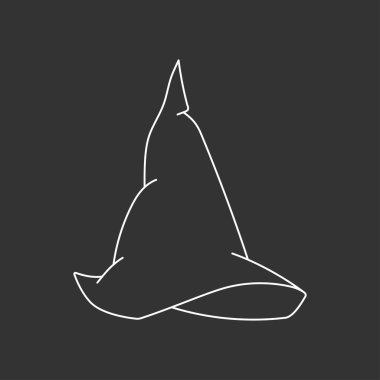 Karalama tarzında cadı şapkası vektör çizimi. Cadılar Bayramı için el çizimi büyücü şapkası. Siyah arka planda beyaz simge izole edildi. Korkunç siluet sihirbaz şapkası. Cadılar Bayramı partisinde suç ortağı