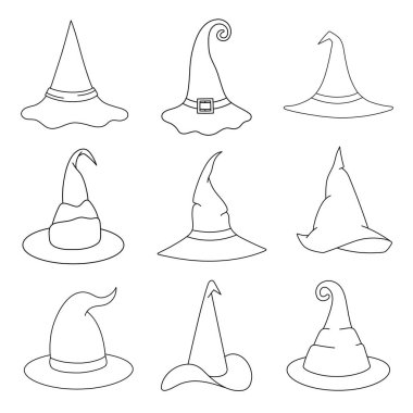 Cadı şapkası vektör illüstrasyonunu karalama tarzında ayarladı. Cadılar Bayramı için el çizimi büyücü şapkası. Beyaz arkaplanda izole edilmiş siyah element 