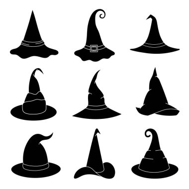 Cadı şapkası vektör illüstrasyonunu karalama tarzında ayarladı. Cadılar Bayramı için el çizimi büyücü şapkası. Beyaz arkaplanda izole edilmiş basit bir öge 