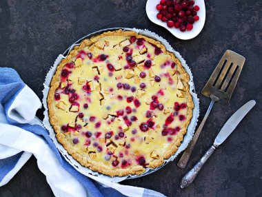 Tatlı, ev yapımı tart ya da yaban mersinli turta, elma ve yumuşak ekşi krema ya da koyu beton arkaplanda pişirme kabında puding..