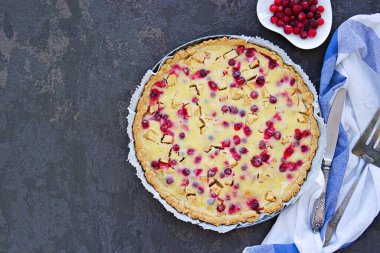 Tatlı, ev yapımı tart ya da yaban mersinli turta, elma ve yumuşak ekşi krema ya da koyu beton arkaplanda pişirme kabında puding..