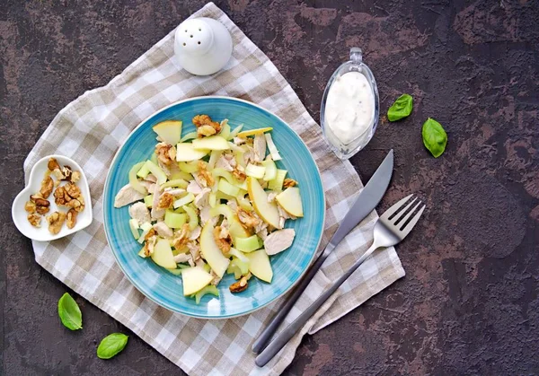 Healthy Salad Stem Celery Apples Boiled Turkey Chicken Walnuts Blue — Stock Photo, Image