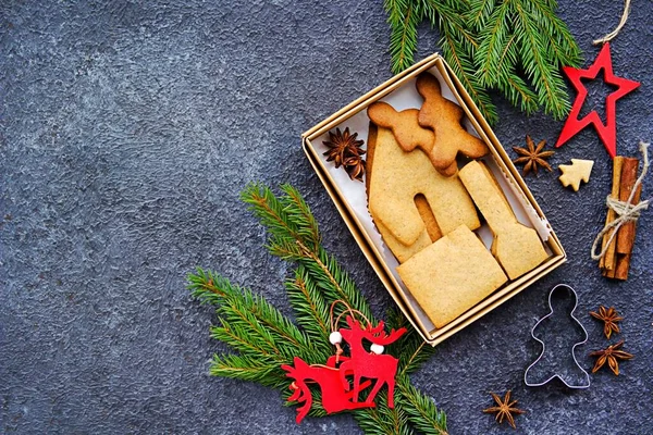 Fertige Lebkuchenschachtel Gebackene Details Eines Weihnachtlichen Lebkuchenhauses Einem Karton Auf — Stockfoto