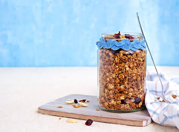 Homemade Baked Oat Granola Nuts Dried Cranberries Honey Glass Jar — Stock Photo, Image