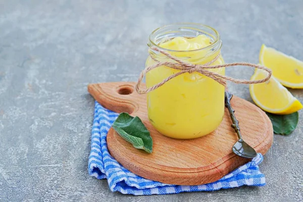 Lemon Curd Sweet Fruity Custard Glass Jar Gray Concrete Background — Stock Photo, Image