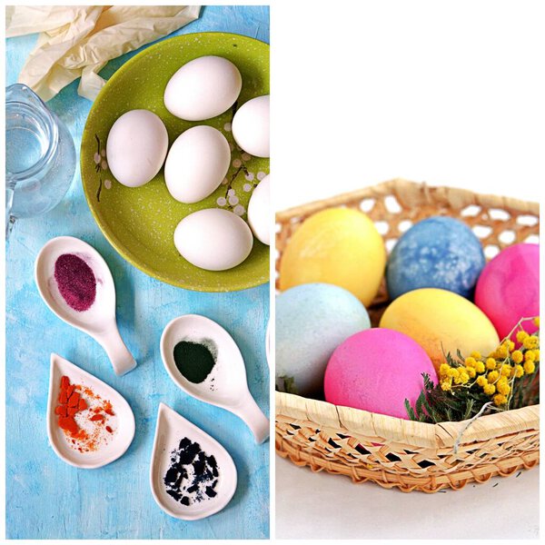 Пасхальный коллаж: подготовка к окрашиванию яиц и разноцветных яиц в плетеную корзину. Подготовка к Пасхальной концепции. Коллаж.