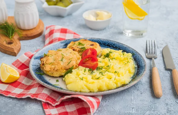 Homemade Fish Cakes Cutlets Mashed Potatoes Blue Plate Light Concrete — Stock Photo, Image