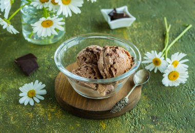 Üç kepçe ev yapımı çikolatalı dondurma yeşil beton arka planda cam bir kasede. Dondurma tarifleri.
