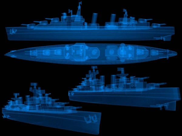 İnce mavi çizgileri olan 3D telli askeri gemi. Kara arka planda donanma fütüristik hologramı. 3d illüstrasyon