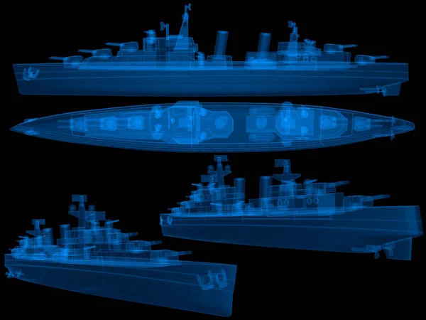 Військовий Корабель Каркас Тонкими Синіми Лініями Футуристична Голограма Вмс Чорному — стокове фото