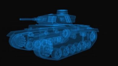 Military tank 3d wireframe with thin blue lines. Tank forces futuristic hologram on black background. Loop rotation animation